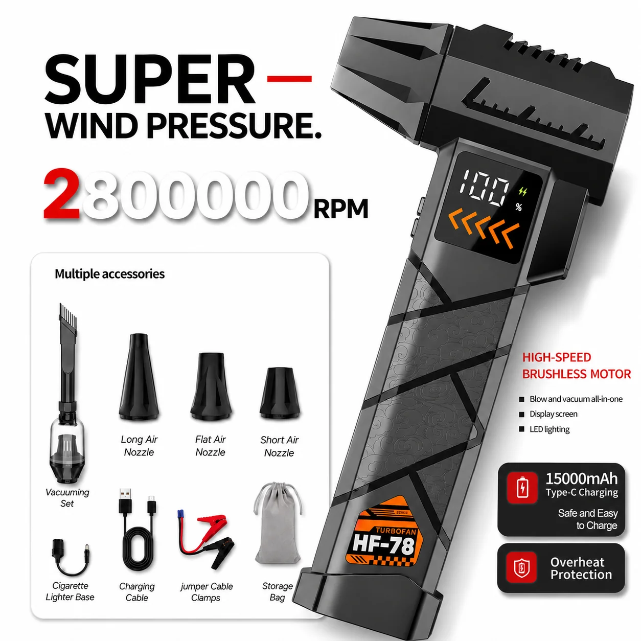 超強力2800000RPM電動ジェットブロワー コードレス圧 - Dryer Car Blower のレビューと価格